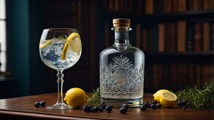 Glass of British Gin with Lemon and Juniper in a Victorian Library