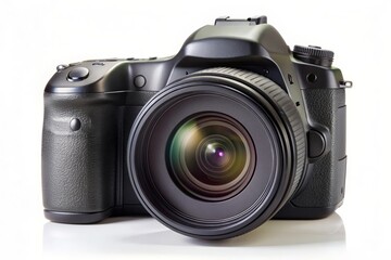 Fototapeta premium A high-quality DSLR camera with a large lens is isolated on a white background, capturing the details of its sleek design and professional features. This image symbolizes creativity, photography