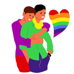 Pride month. Male gay couple in love. Interracial homosexual couple. Love concept. Lgbtq people in romantic relationships.Two happy men hugging, smiling. Vector illustration.