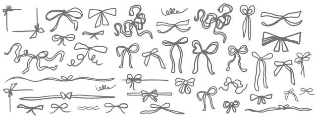 Fototapeta premium Set of bows on white background. Outline vector with ribbons and ties. Trendy design. Hand drawn.