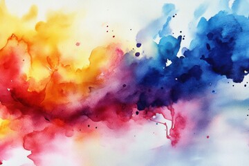 Abstract watercolor painting featuring vibrant splashes of yellow, red, and blue.