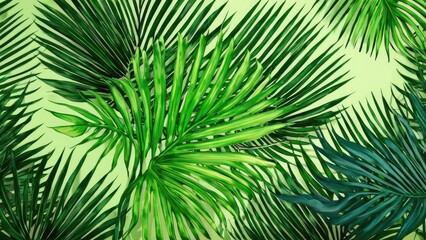 The vivid green palm leaves create a dense, textured backdrop, evoking the essence of a tranquil jungle environment