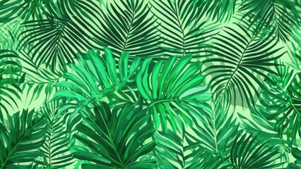 A close-up of vibrant green palm leaves layered together, showcasing the rich textures and natural beauty of tropical foliage