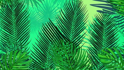 A close-up of vibrant green palm leaves layered together, showcasing the rich textures and natural beauty of tropical foliage