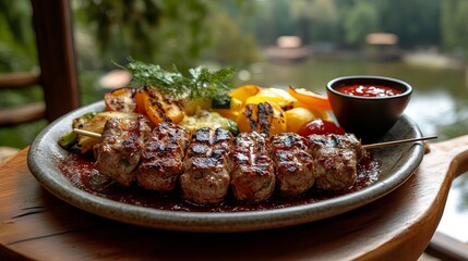 Delicious grilled kebabs served with fresh vegetables by the lakeside