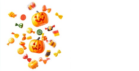 3d Style Halloween candy and carved pumpkins floating isolated on a white background, copy space for text, card, banner, wallpaper 