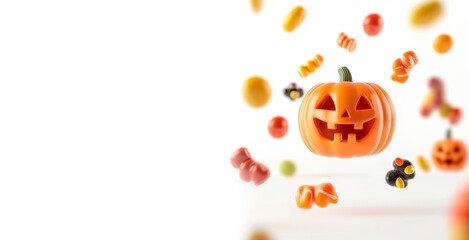 3d Style Halloween candy and carved pumpkin floating isolated on a white background, copy space for text, card, banner, wallpaper 