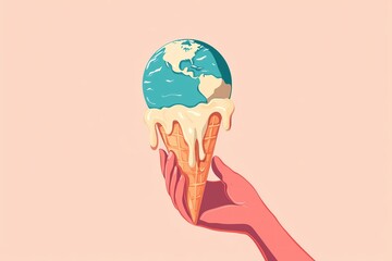 human hand holding a small Earth, with the lower half of the Earth melting away like an ice cream cone, environmental message, urgency of climate change