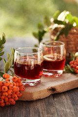 Two glasses of herbal syrup made of fresh wild orange rowanberry