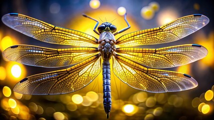 A close-up of a dragonfly with golden wings against a bokeh background, symbolizing nature, beauty, fragility, light, and transformation.