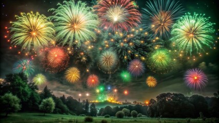 A breathtaking display of fireworks explodes in the night sky, painting a colorful spectacle. The vibrant colors, bursting patterns
