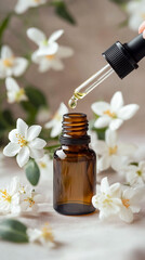 Amber glass bottle with dropper with essential oil. Flowers on grey background. Organic cosmetics spa wellness face skin care concept