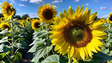 A stunning field of sunflowers blooming under a bright blue sky with fluffy clouds. The image symbolizes growth, happiness, and the beauty of nature.