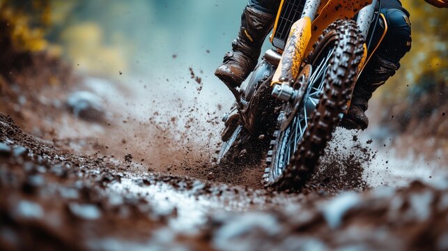 Yellow motorbike racing through muddy forest trail - action, speed, mud splatter