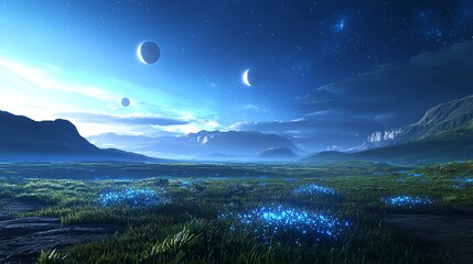 Fototapeta premium Fantasy landscape with mountains, blue flowers, and glowing moons in a starry sky.