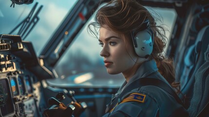 Fototapeta premium A skilled female pilot operates the controls while focused on flying
