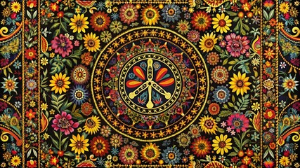 A vibrant tapestry featuring a peace symbol in a mandala-like design surrounded by colorful flowers, representing peace, harmony, love, unity, and nature.