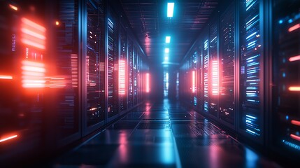 Neon lights illuminate a futuristic server room with stacking of data storage units.