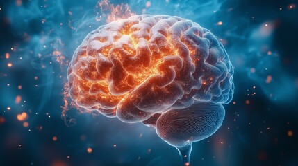 Fototapeta premium Glowing brain illustration on blue background with fiery orange neural connections