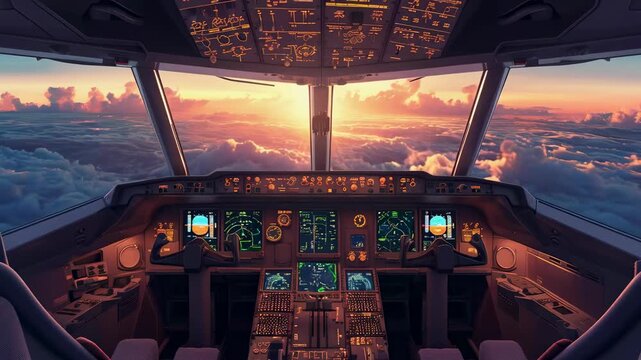 A stunning view of an airplane cockpit illuminated by vibrant sunset hues. The sky and clouds visible through the windshield create a serene backdrop for the dark, intricate control panels. The