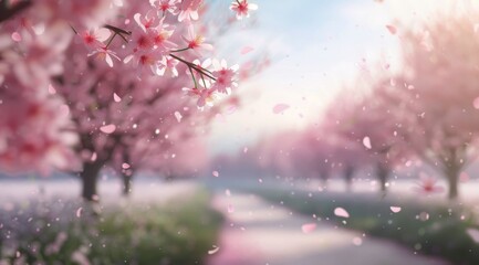 Cherry Blossom Pathway in Springtime With Petals Falling in the Breeze