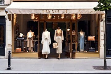 Elegant window display showcasing stylish dresses and handbags, perfect for fashion enthusiasts and shoppers alike.
