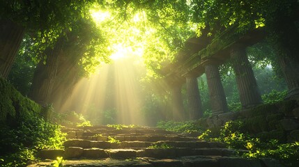 Obraz premium Sunlight beams through a lush forest, illuminating a stone staircase leading into the unknown.
