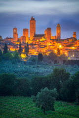 Obraz premium San Gimignano, Italy. Blue hour picturesque view of medieval towers, Tuscany.