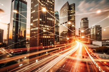 Vibrant cityscape with tall skyscrapers and dynamic light trails from moving vehicles, capturing the energy and motion of a modern urban environment at sunset