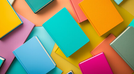 Colorful books background, colorful books in top view with shadow and copy space for text or design