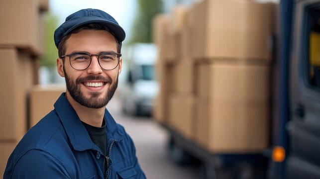 A smiling delivery worker in uniform stands in front of stacked boxes and a delivery truck, showcasing dedication and enthusiasm for his job.
