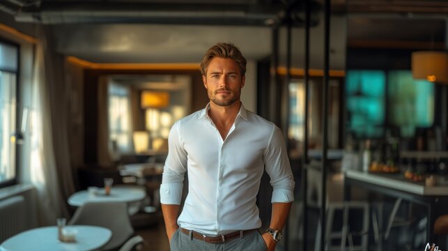 A distinguished man in a white shirt stands confidently in a modern, stylish cafe, exuding sophistication and charisma.