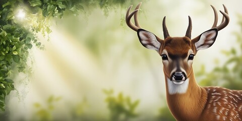 Fototapeta premium White Tailed deer fawn stands In wonderful Forest background With Colorful Ray