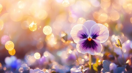 A beautiful pansy flower in full bloom stands out against a dreamy bokeh backdrop, showcasing its delicate petals and vibrant colors, evoking tranquility and captivating the viewer