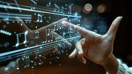 Fototapeta premium A hand reaches out to manipulate floating musical notes in a dark, tech-savvy environment