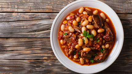 Fototapeta premium White plate with stewed beans and beef in tomato sauce photographed from above on rustic wooden table