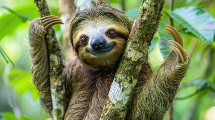 Fototapeta premium Playful three toe sloth sitting in treeco
