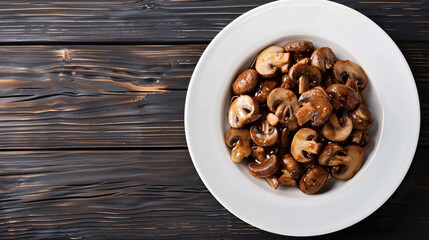 Obraz premium Top view of a white plate with delicious fried brown champignons mushrooms, garlic, and herbs on an old dark wooden table