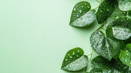 Houttuynia cordata leaves with water drops on light green plain background, cosmetic banner