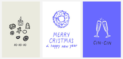Modern vertical poster placard with ink minimal line elements collection. Christmas dinner charcoal, chalk crayon drawings set. Vector illustrations for new year celebration wall decor or invitation.