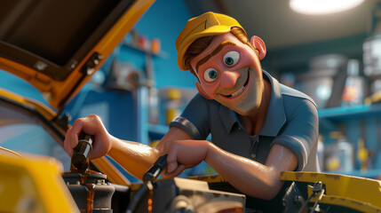 A mechanic changing the oil in a car. Animated character, C4D model rendering, 3D rendering - Generative Ai