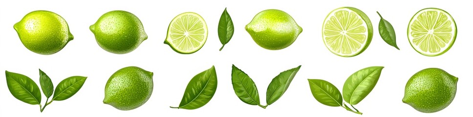 Lime Fruit and Leaves Isolated on White Background.