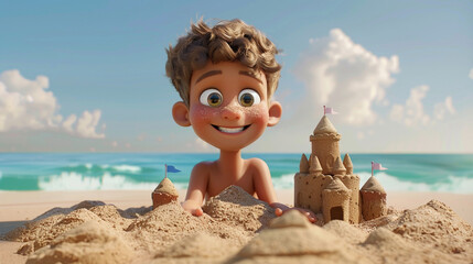 A kid with a serious expression while building a sandcastle. Animated character, C4D model rendering, 3D rendering - Generative Ai