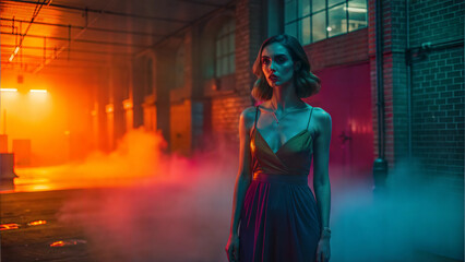 Fototapeta premium Beautiful woman in empty misty warehouse, vibrant colors, wearing dress