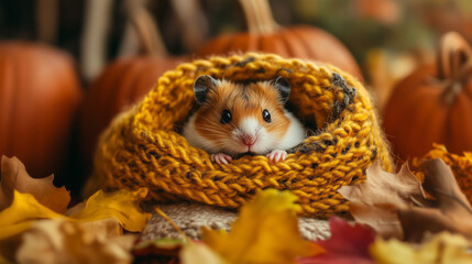 Hamster in Knitted Blanket Surrounded by Autumn Leaves