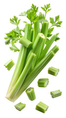 Chopped celery pieces and leaves floating in air, PNG transparent