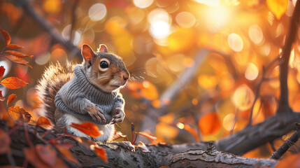 Obraz premium Squirrel in Knitted Sweater Perched on Wooden Fence