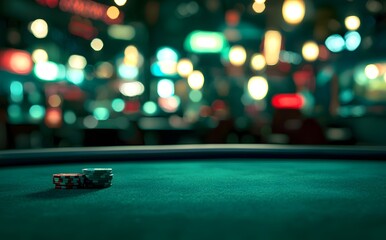 Casino Chips on Green Table with Bokeh Lights.