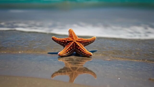 red starfish on the beach animation motion graphic with ai technology 4k background.