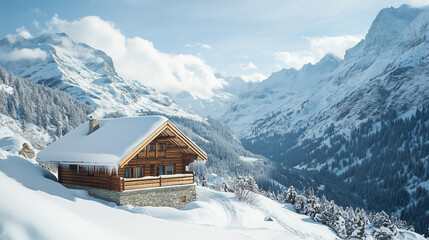 An Alpine cottage with a wooden facade, situated in a fairy-tale scenery of snow-capped mountains, providing a perfect winter refuge in a picturesque and peaceful environment.